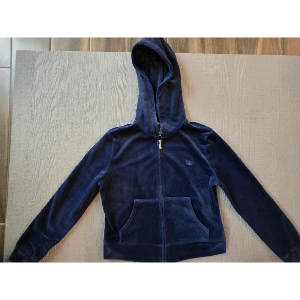 Juicy by Juicy Couture Womens Navy Blue Velour Zip Up Hoodie Crown Logo Medium